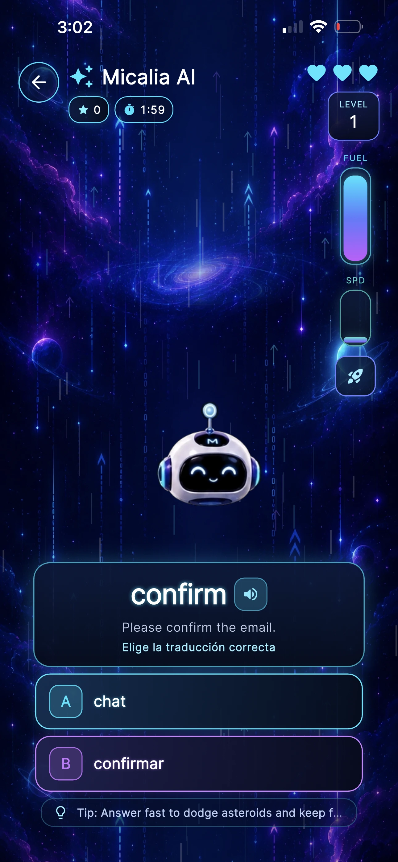 Pantalla de Orbit Rush en Micalia AI