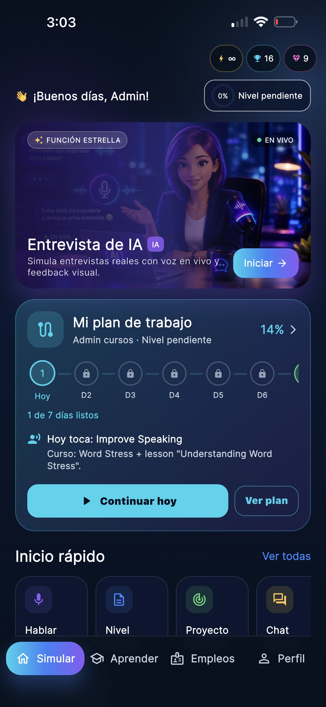 Inicio real de Micalia AI, con entrevista de IA y plan de trabajo